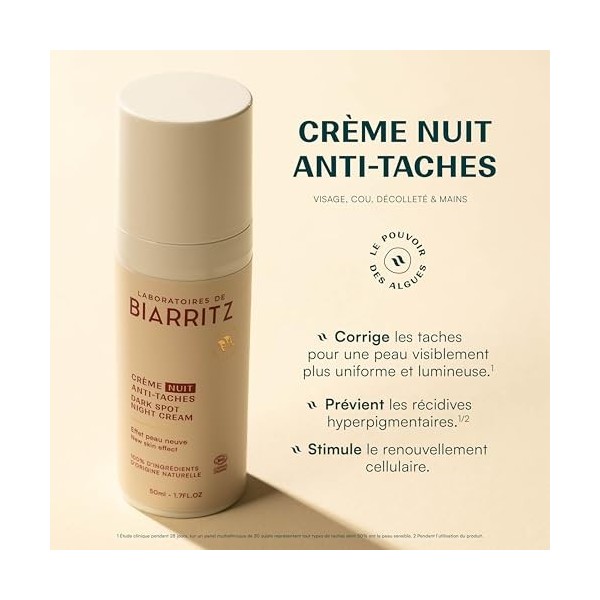 Laboratoires de Biarritz - Crème de nuit Anti-Taches - Correction & Prévention des Taches - Stimule le Renouvèlement Cellulai...