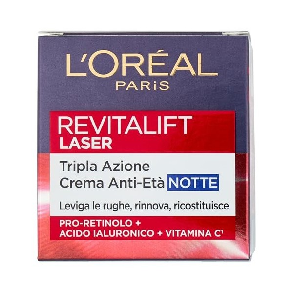 LOréal Paris Crème Visage Nuit Revitalift Laser, Pour Tous les Types de Peau, Action Anti-rides et Anti-Âge, Peau plus Soda 