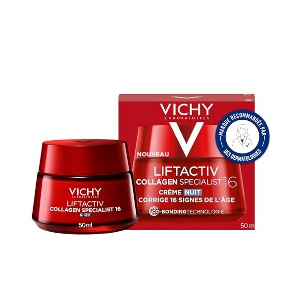 Vichy, Liftactiv, Crème de Nuit Anti-Âge Collagen Specialist, Lisse & Repulpe, Enrichi en Vitamine Cg, Pour tous Types de Pea