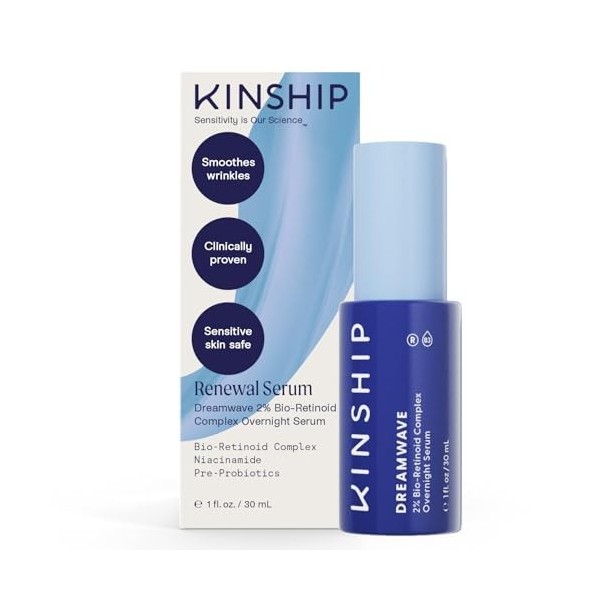 Kinship Dreamwave Sérum rénovateur de nuit 2 % bio-rétinoïde – Rétinol pour peaux sensibles – Lisse les rides – Niacinamide a