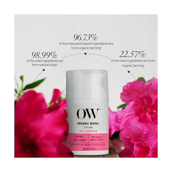 Organic Works Crème de nuit hydratante naturelle pour femme | 50 ml | Convient à tous les types de peau, y compris les peaux 