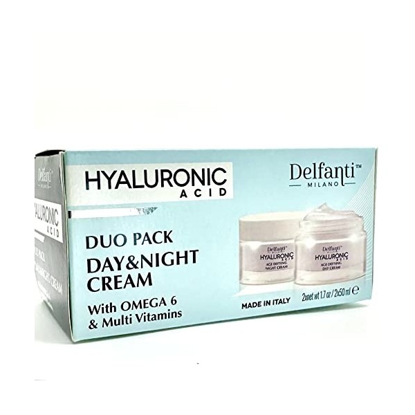 Delfanti Milano Lot de 2 crèmes de jour et de nuit anti-âge à lacide hyaluronique avec oméga 6 et plusieurs vitamines 50 ml