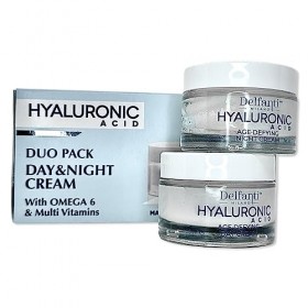 Delfanti Milano Lot de 2 crèmes de jour et de nuit anti-âge à lacide hyaluronique avec oméga 6 et plusieurs vitamines 50 ml