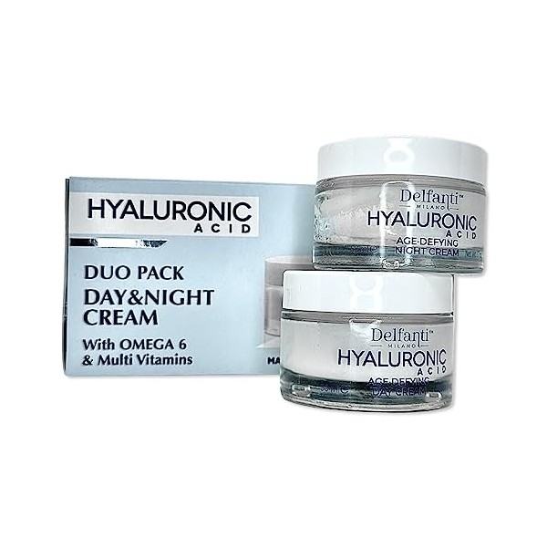 Delfanti Milano Lot de 2 crèmes de jour et de nuit anti-âge à lacide hyaluronique avec oméga 6 et plusieurs vitamines 50 ml