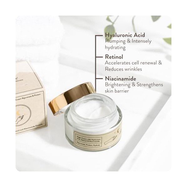 Suntribe Crème de nuit bio avec acide hyaluronique, rétinol et niacinamide / 50 ml – 3 x anti-âge, 100 % naturel – Hydratant,