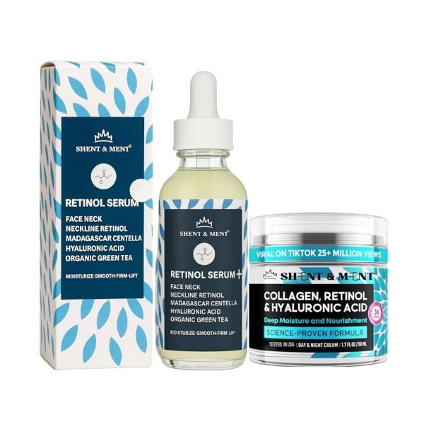 SHENT & MENT Kit Crème Rétinol 3% + Sérum Rétinol 0,6% Anti-Âge Anti-Rides Anti-Taches Anti-Acné Hydratant Raffermissant Effe
