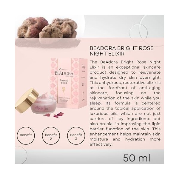 BeAdora – Huile visage élixir de nuit 50 ml – truffe blanche + huile de rose + vitamine E | peaux sèches à normales | nutriti