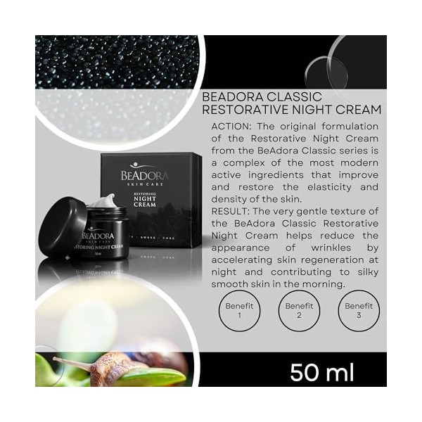BeAdora – Crème de Nuit Régénérante Anti-Âge 50 ml | Lakesis, Acide Hyaluronique Cube³, Caviar d’Escargot | Hydratation et fe