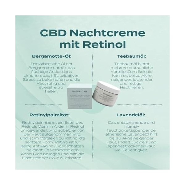Naturecan CBD Crème de nuit au rétinol, répare et régénère la peau, enrichie en CBD et antioxydants, végétalien et sans OGM, 