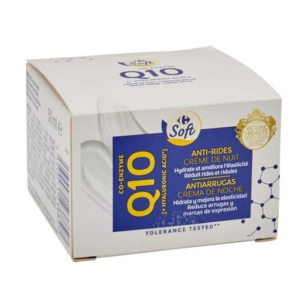 CARREFOUR SOFT – Crème de Nuit Anti-Rides Q10, Soin Hydratant Raffermissant Pot 50 mL - Le Lot De 4