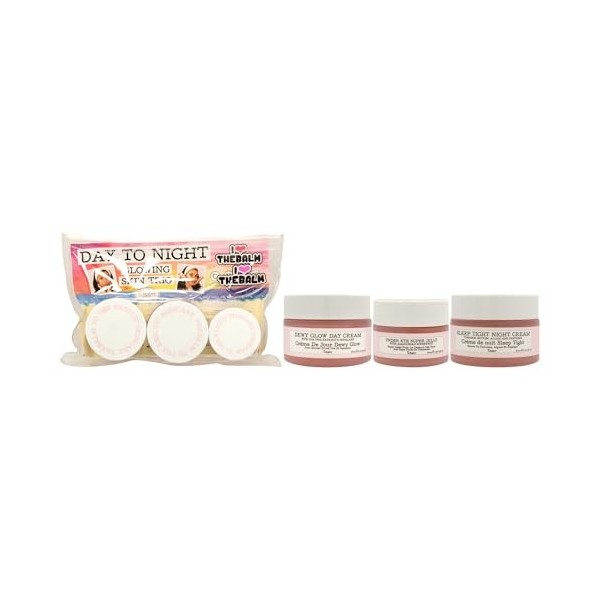 Day To Night Glowing Skin Trio by the Balm for Women - 3 Pc 1oz Dewy Glow Day Cream, 0.5oz Under Eye Super Jelly, 1oz Sleep T