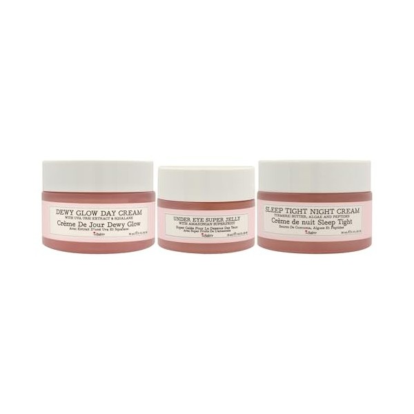 Day To Night Glowing Skin Trio by the Balm for Women - 3 Pc 1oz Dewy Glow Day Cream, 0.5oz Under Eye Super Jelly, 1oz Sleep T