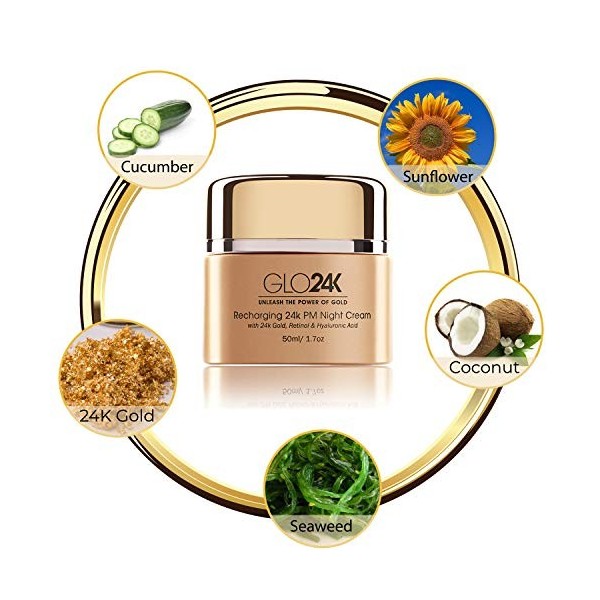GLO24K Crème de nuit au rétinol avec de lor 24k, formule anti-âge à lacide hyaluronique