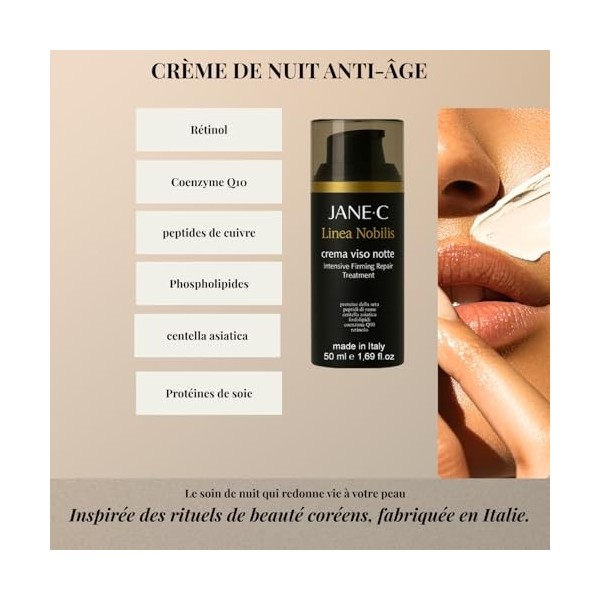 JANE·C Ligne Nobilis – Crème Visage Nuit Anti-Rides – Soin Réparateur Raffermissant Intensif K-Beauty, avec Centella Asiatica