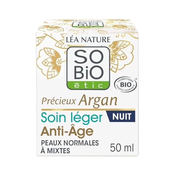 SOBIO ETIC – Crème de Nuit Anti-Âge Légère, Hydratation Précieuse à l’Argan Bio 50 mL - Le lot de 2