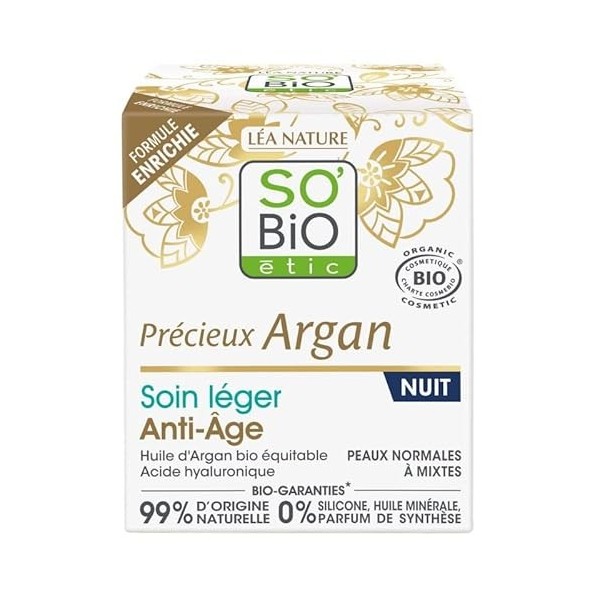 SO BIO - Soin Léger Nuit Anti-Âge 50ml - Régénération de la Peau et Réduction des Signes de lÂge - Formule Naturelle et Bio 