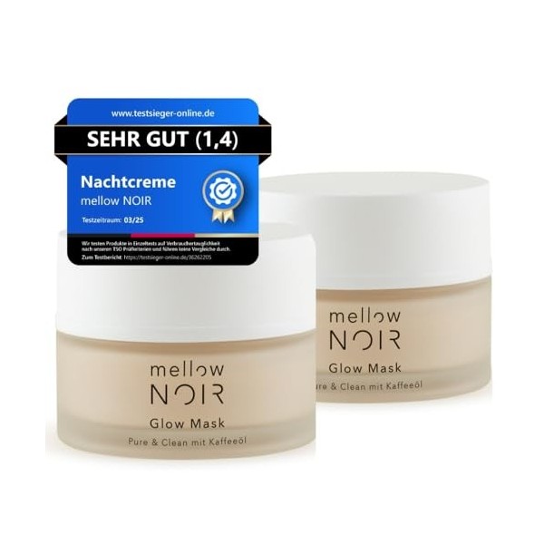 mellow NOIR Glow Mask Lot de 2 tubes de 50 ml de crème de nuit quotidienne Réduit les pores visibles et les rougeurs Pour une...