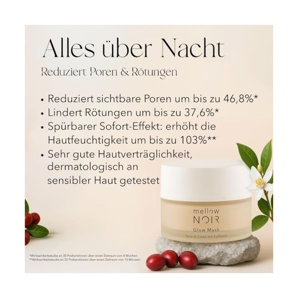 mellow NOIR Glow Mask Lot de 2 tubes de 50 ml de crème de nuit quotidienne Réduit les pores visibles et les rougeurs Pour une...