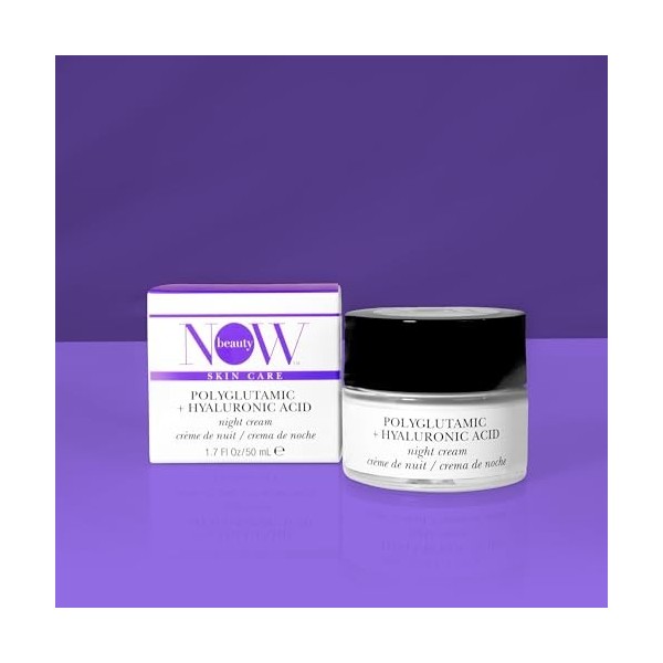 NOW Beauty Polyglutamic Plus Hyaluronic Acid Night Cream - Deeply Hydrating Moisturizer - Overnight Anti-Aging Cream for Face