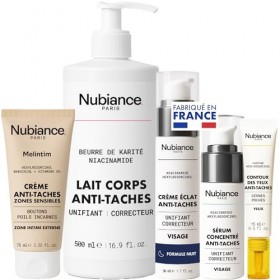 NUBIANCE - Coffret Soin Anti-Taches Peau Noire et Métissée - Lait Corps Unifiant, Crème Intime, Crème Nuit, Sérum Visage, Soi
