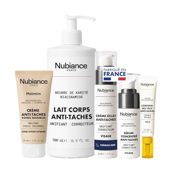 NUBIANCE - Coffret Soin Anti-Taches Peau Noire et Métissée - Lait Corps Unifiant, Crème Intime, Crème Nuit, Sérum Visage, Soi