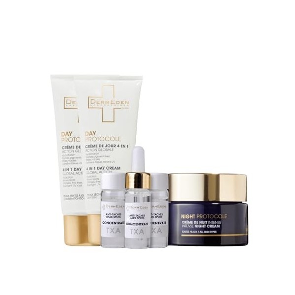 Laboratoires DermEden Protocole Anti-tâches - 2 Crèmes Jour, 1 Crème Nuit et Concentré Anti-Taches TXA 3x10ml - Fabrication F