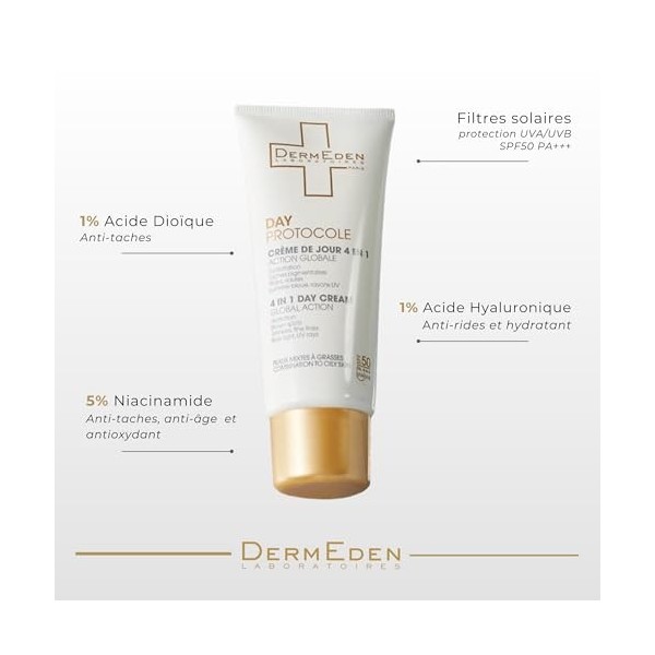 Laboratoires DermEden Protocole Anti-tâches - 2 Crèmes Jour, 1 Crème Nuit et Concentré Anti-Taches TXA 3x10ml - Fabrication F