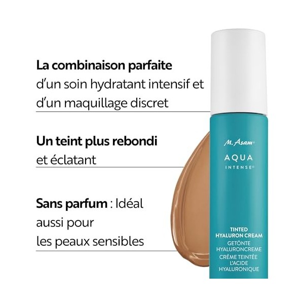 M. Asam AQUA INTENSE Tinted Hyaluron Cream 50ml – BB crème à l’acide hyaluronique, Crème teintée visage hydratante, Fond de