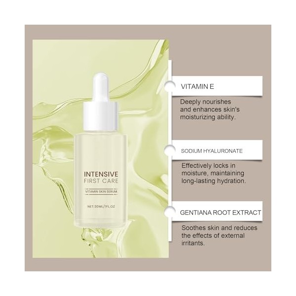 Sérum Hydratant, Sérum Visage Riche en Vitamines, Hydratation Intense Texture Légère, Soin Quotidien pour Teint Lumineux, For