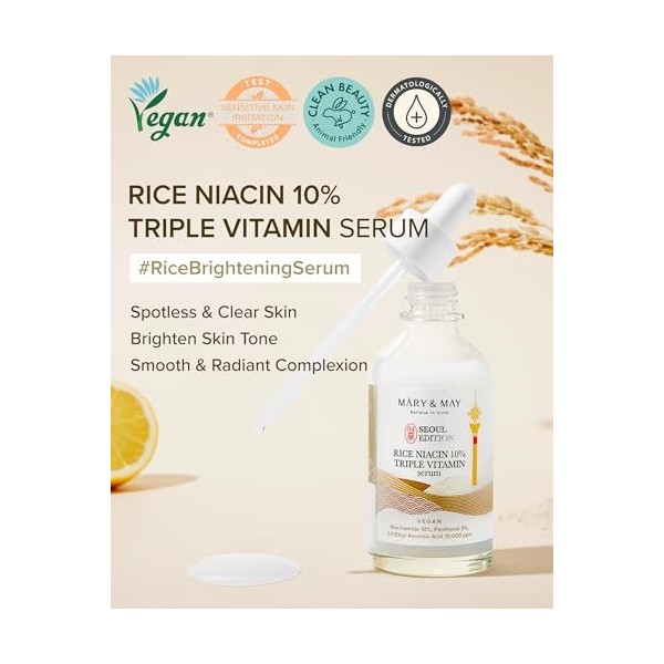Mary&May SEOUL Edition Sérum triple vitamine à la niacine de riz 10% – Sérum éclat coréen pour un teint uniforme et un éclat 