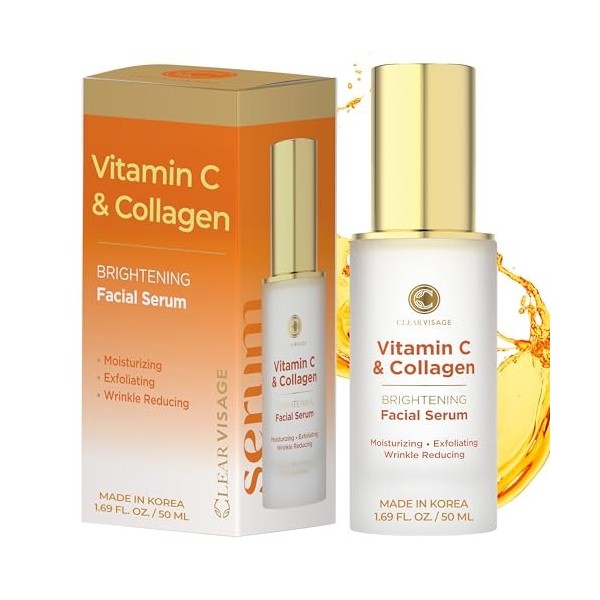 Clear Visage Sérum à la vitamine C et au collagène - Soin coréen éclaircissant et anti-âge pour un teint éclatant, sans cruau