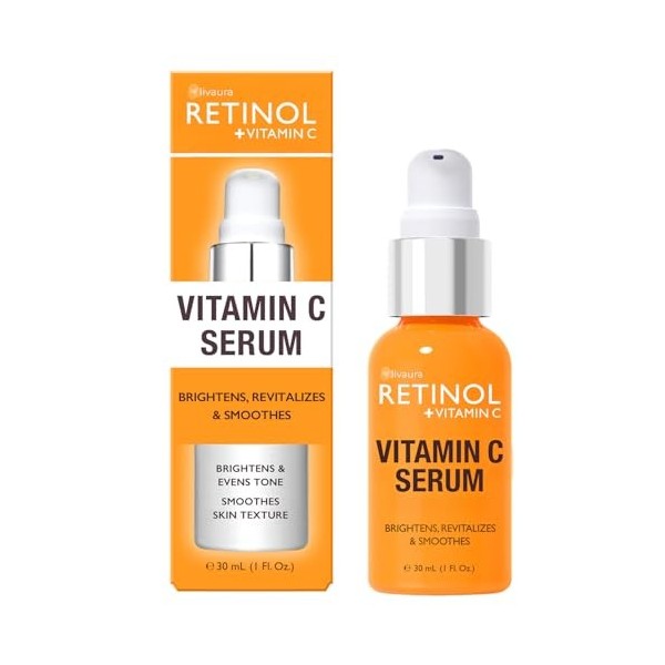 LIVAURA Sérum Visage Rétinol + Vitamine C – Anti-âge, unifie le teint, atténue ridules & rides, dommages du soleil & taches b...