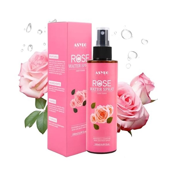 ASYBO Spray deau de rose 180 ml – Spray à la rose de Damas 100 % naturel pur pour le visage, le corps et les cheveux, toniqu