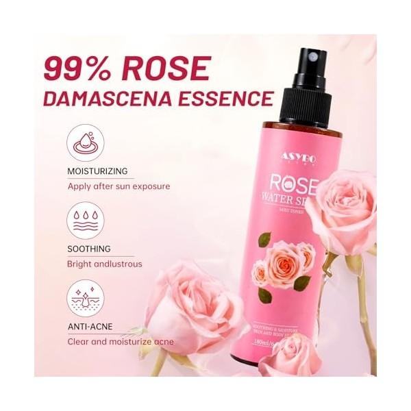 ASYBO Spray deau de rose 180 ml – Spray à la rose de Damas 100 % naturel pur pour le visage, le corps et les cheveux, toniqu