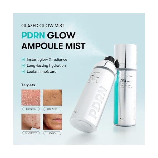 VT COSMETICS PDRN Glow Ampoule en spray hydratant profondément pour le visage - Sérum léger végétalien - Effet repulpant - Sa
