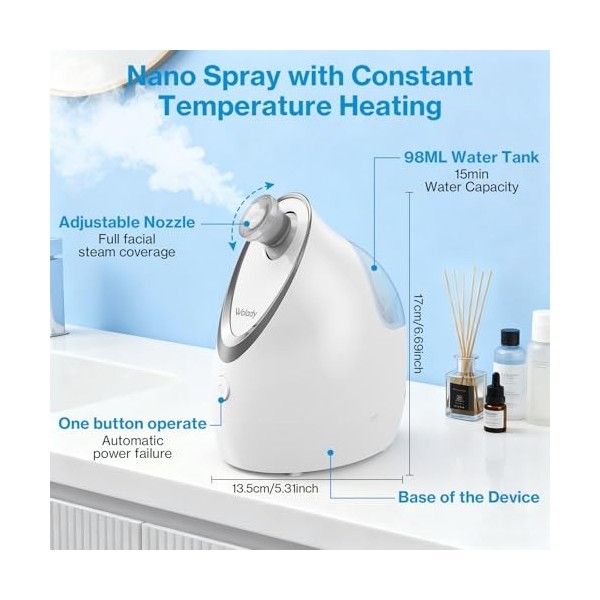 Wolady Vapeur Visage Vaporisateur Sauna Spa Facial Chaude Nano Ionique,Equipé de coton aromathérapie,Réglable Visage Steamer 