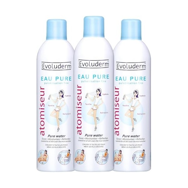 EVOLUDERM - Atomiseur Eau Pure - Origine Naturelle - Végan - Fabrication Française 3 x 400 ml Crème Jour et Nuit