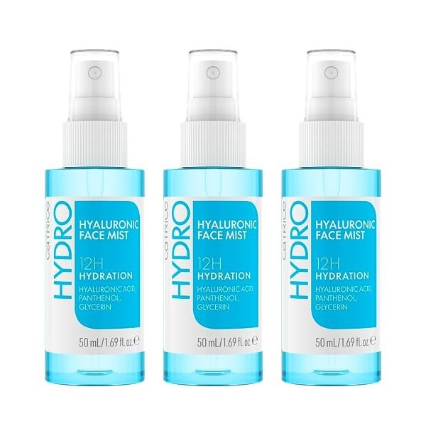 Catrice Hydro Hyaluronic Face Mist Lot de 3 sprays fixants, transparents, hydratants, nourrissants, naturels, pour peaux sens