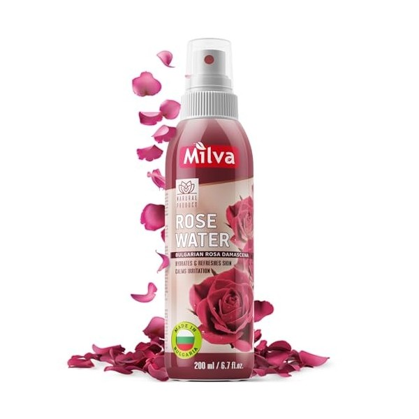 Milva Spray à lEau de Rose et à lHuile de Rose Bulgare - 200 ml Brume Visage et Tonique Hydratant Naturel - Soin Pur Multi-