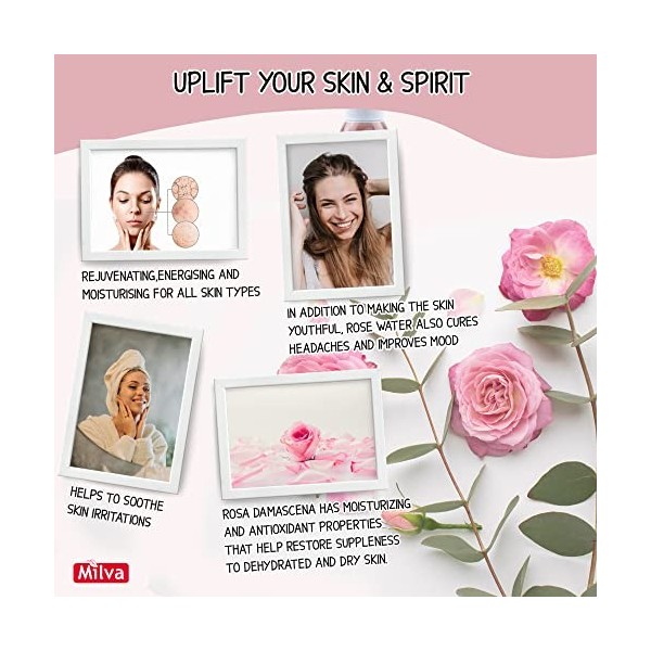 Milva Spray à lEau de Rose et à lHuile de Rose Bulgare - 200 ml Brume Visage et Tonique Hydratant Naturel - Soin Pur Multi-