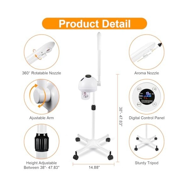 Vapeur facial professionnel avec brume réglable et minuterie, intensité de vapeur réglable et bras mobile