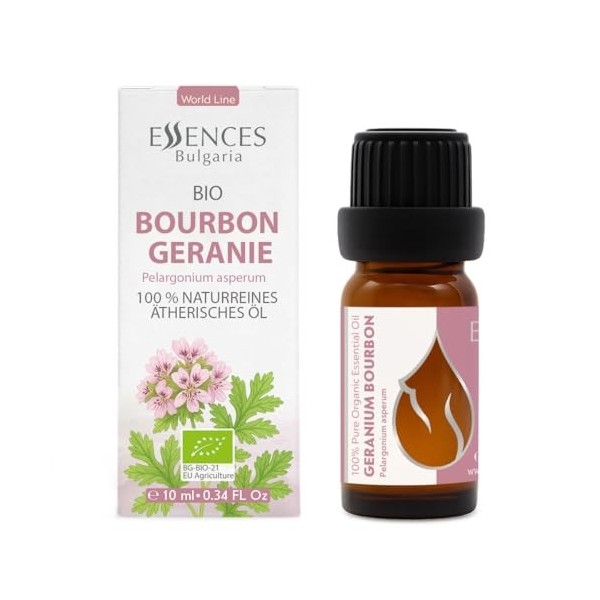 Essences Bulgaria Huile Essentielle De Géranium Bourbon Bio 10 ml | Pelargonium Asperum | 100% Pure Et Naturelle | Non Diluée...