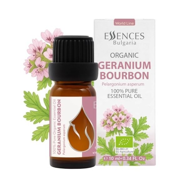 Essences Bulgaria Huile Essentielle De Géranium Bourbon Bio 10 ml | Pelargonium Asperum | 100% Pure Et Naturelle | Non Diluée...