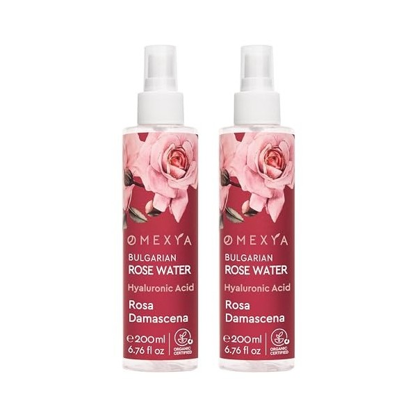 Omexya Rosa Damascena – Lot de 2 Sprays d’Eau de Rose Naturelle 200 ml avec Acide Hyaluronique – Tonique Visage & Brume Rafra