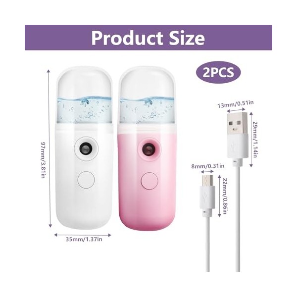 Lot de 2 mini brumisateurs faciaux portables de 30 ml - Vaporisateur USB pratique pour soins de la peau, maquillage, voyage, 