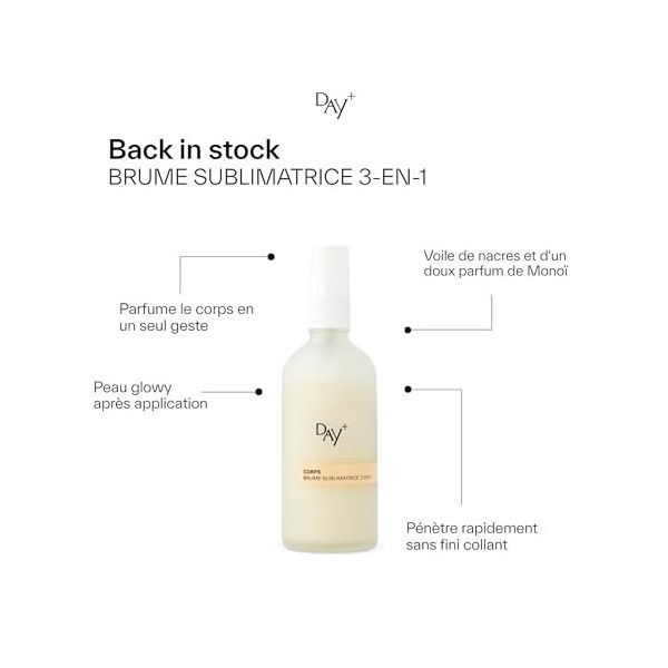 DAY+ | Brume Sublimatrice | Brume hydratante pour le corps | Hydrate & apaise | 99,3% d’actifs naturels | Parfum Monoï | Parf
