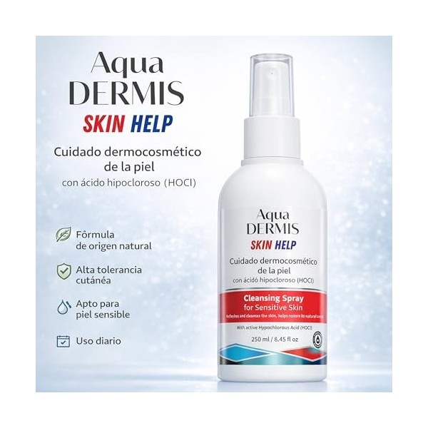 AquaDERMIS Spray Peau Sensible et Abîmée – Soin Naturel au HOCl pour Rougeurs, Irritations, Boutons et Brûlures – Sans Alcool