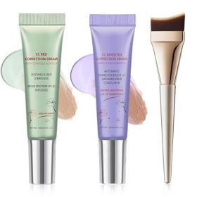 KAFZEL 2 Pièces Crème teintée visage - CC Crème à la Centella Asiatica - 15 ml x 2 - Correctrice, avec 1 pinceau fond de tein