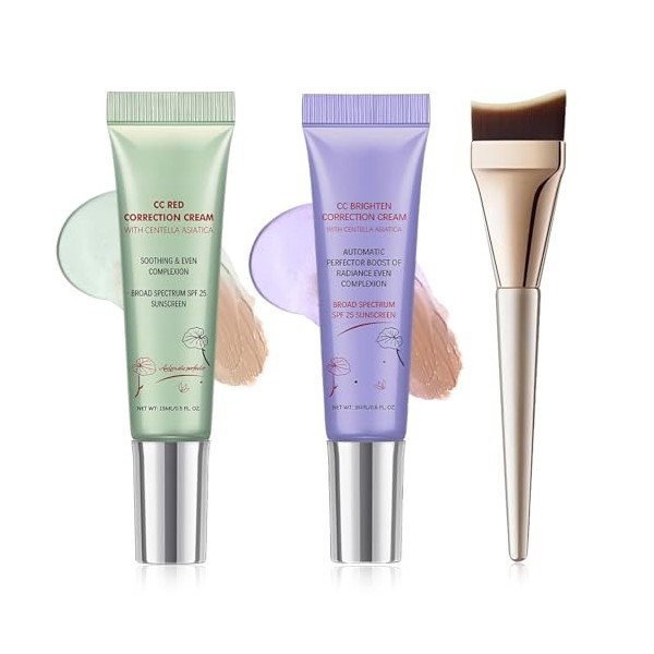 KAFZEL 2 Pièces Crème teintée visage - CC Crème à la Centella Asiatica - 15 ml x 2 - Correctrice, avec 1 pinceau fond de tein