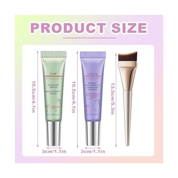 KAFZEL 2 Pièces Crème teintée visage - CC Crème à la Centella Asiatica - 15 ml x 2 - Correctrice, avec 1 pinceau fond de tein